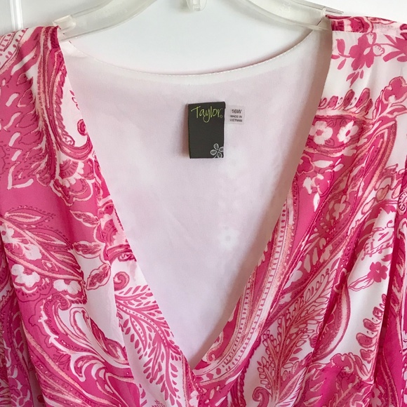 TAYLOR Floral Paisley Pink Midi Dress V Neck Faux Wrap Women’s Plus Size 16W - Picture 2 of 16